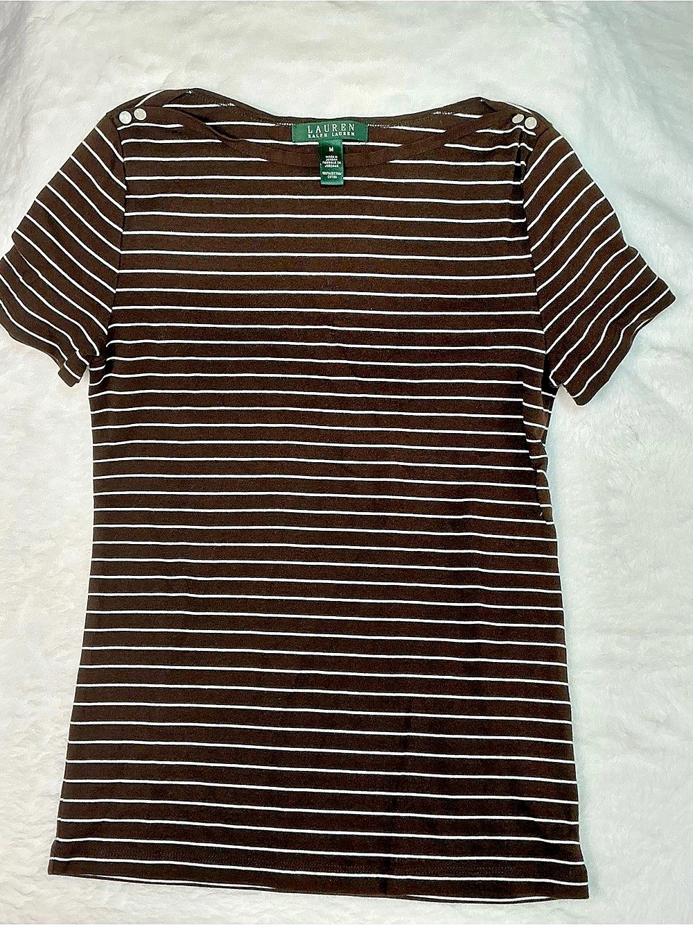 Lauren Ralph Lauren Striped Boatneck Short Sleeve Top with Shoulder Buttons